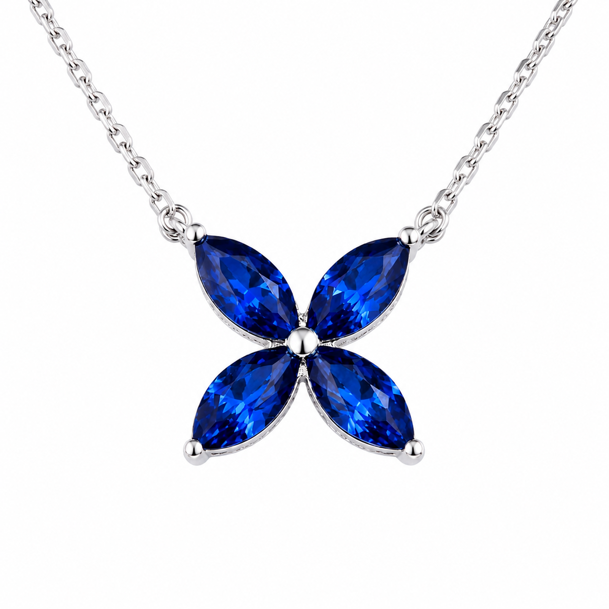 Marquise Four‑Leaf Clover Gemstone Necklace, Yellow / Red / Blue / Pink Stones, 18K White Gold / 925 Sterling Silver Bespoke Fine Jewelry