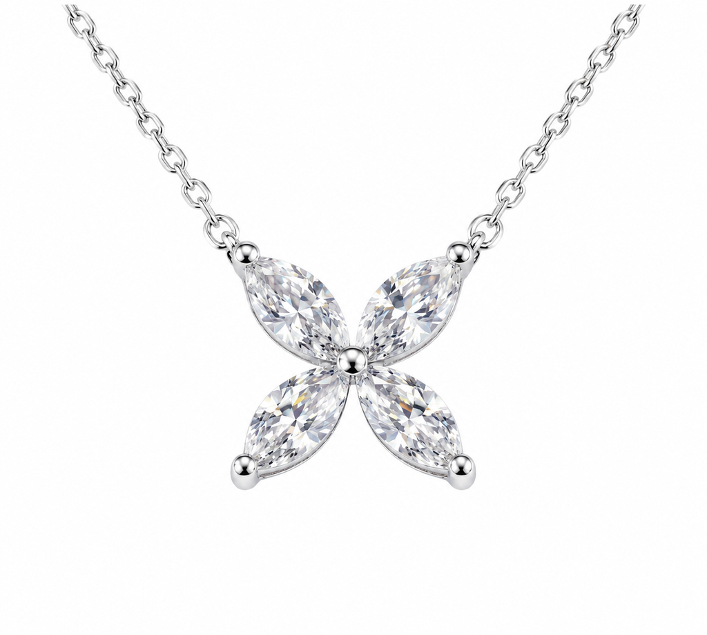 Marquise Four‑Leaf Clover Gemstone Necklace, Yellow / Red / Blue / Pink Stones, 18K White Gold / 925 Sterling Silver Bespoke Fine Jewelry