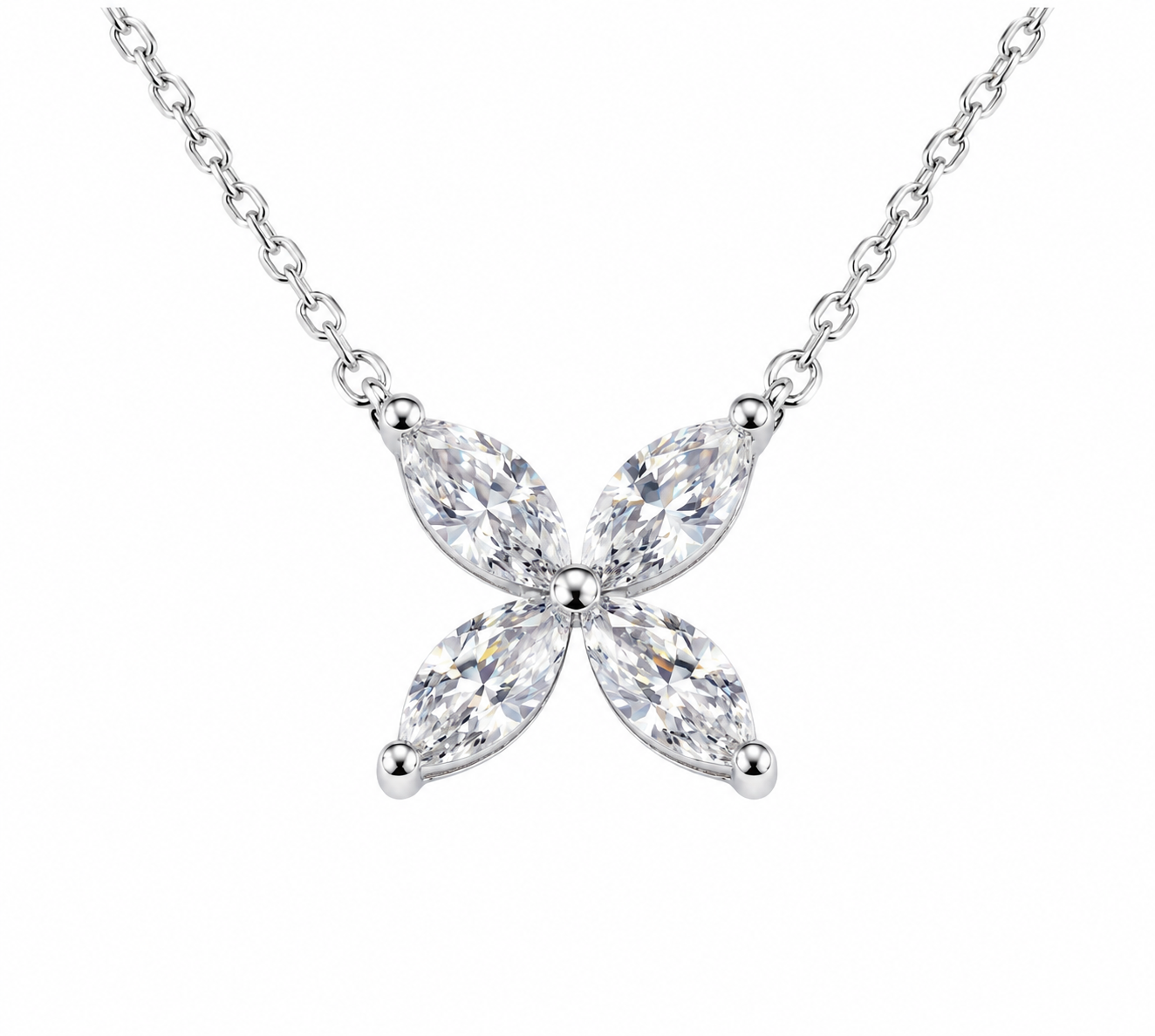 Marquise Four‑Leaf Clover Gemstone Necklace, Yellow / Red / Blue / Pink Stones, 18K White Gold / 925 Sterling Silver Bespoke Fine Jewelry