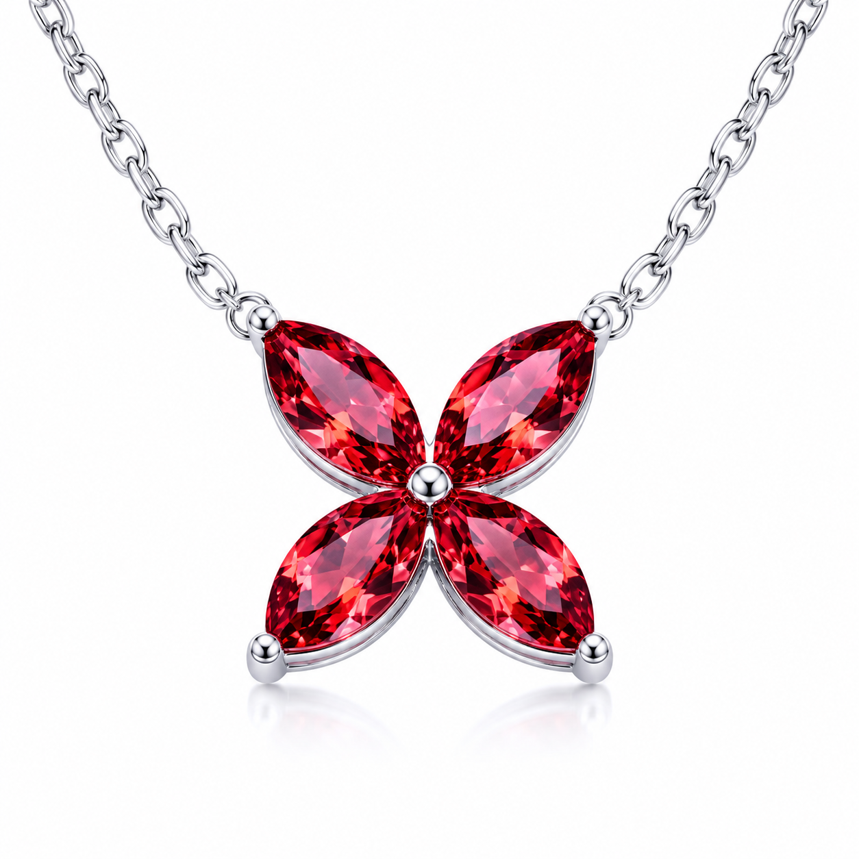 Marquise Four‑Leaf Clover Gemstone Necklace, Yellow / Red / Blue / Pink Stones, 18K White Gold / 925 Sterling Silver Bespoke Fine Jewelry