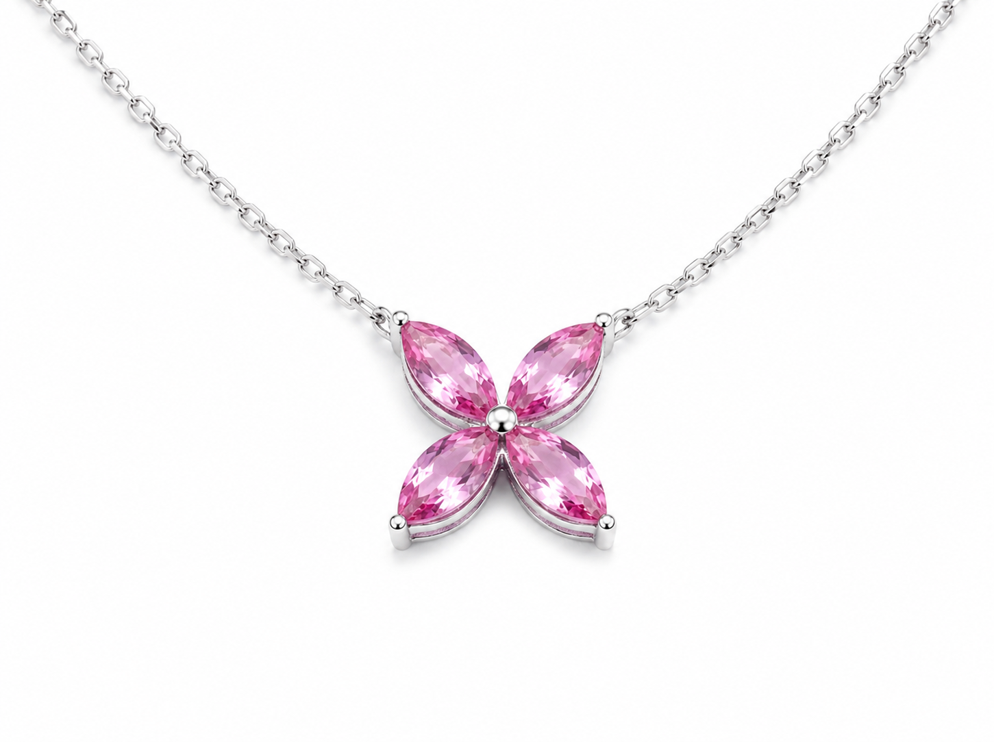 Marquise Four‑Leaf Clover Gemstone Necklace, Yellow / Red / Blue / Pink Stones, 18K White Gold / 925 Sterling Silver Bespoke Fine Jewelry
