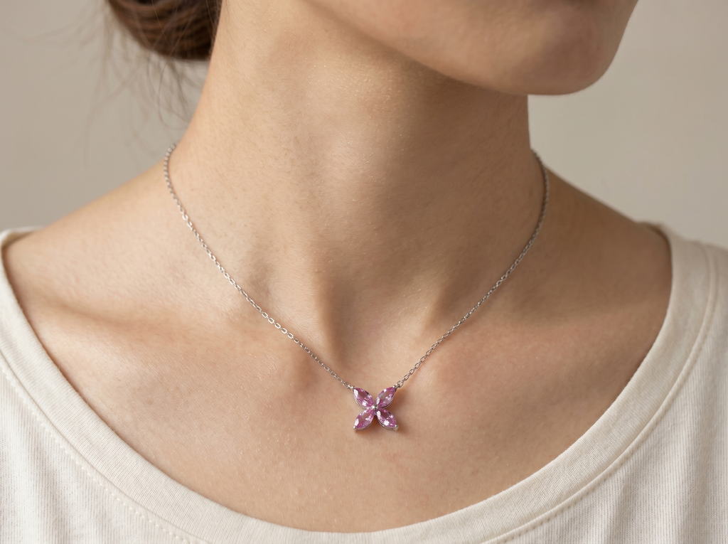 Marquise Four‑Leaf Clover Gemstone Necklace, Yellow / Red / Blue / Pink Stones, 18K White Gold / 925 Sterling Silver Bespoke Fine Jewelry