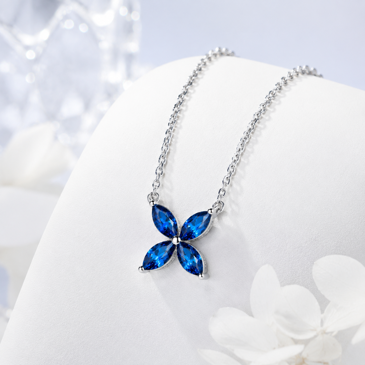 Marquise Four‑Leaf Clover Gemstone Necklace, Yellow / Red / Blue / Pink Stones, 18K White Gold / 925 Sterling Silver Bespoke Fine Jewelry