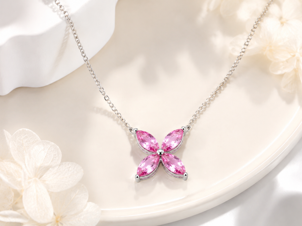 Marquise Four‑Leaf Clover Gemstone Necklace, Yellow / Red / Blue / Pink Stones, 18K White Gold / 925 Sterling Silver Bespoke Fine Jewelry
