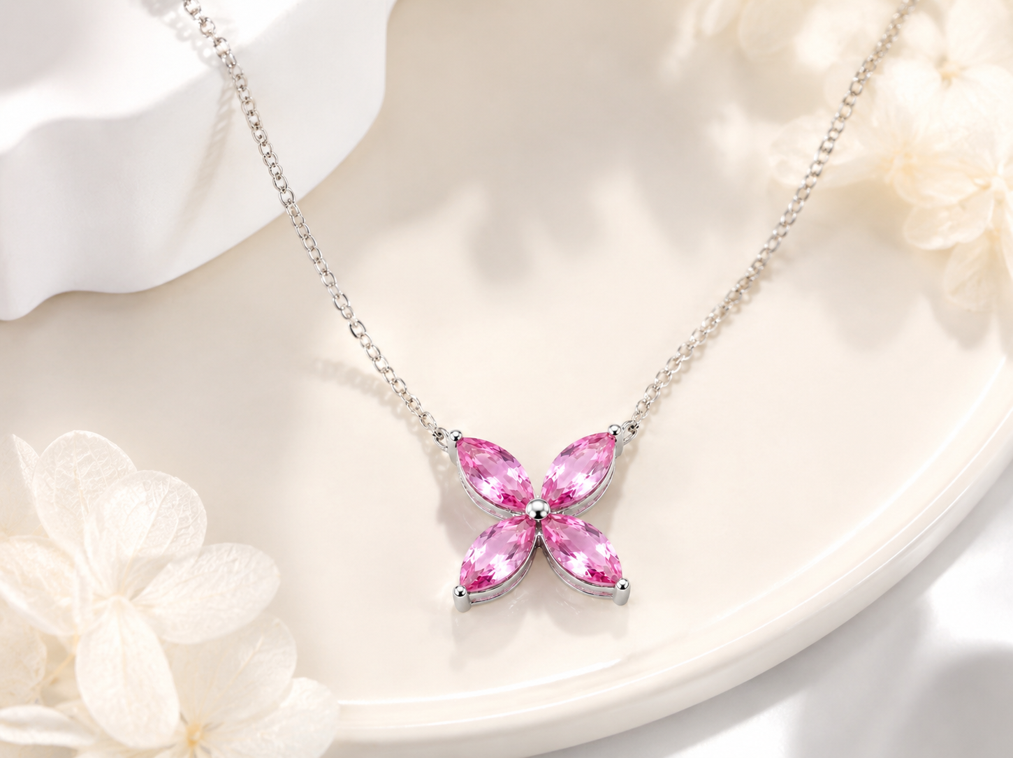 Marquise Four‑Leaf Clover Gemstone Necklace, Yellow / Red / Blue / Pink Stones, 18K White Gold / 925 Sterling Silver Bespoke Fine Jewelry