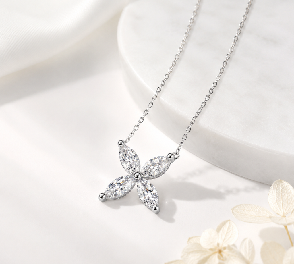 Marquise Four‑Leaf Clover Gemstone Necklace, Yellow / Red / Blue / Pink Stones, 18K White Gold / 925 Sterling Silver Bespoke Fine Jewelry