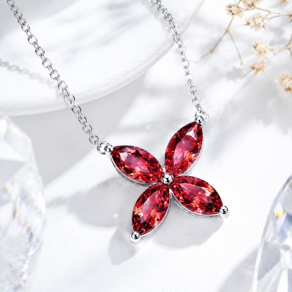 Marquise Four‑Leaf Clover Gemstone Necklace, Yellow / Red / Blue / Pink Stones, 18K White Gold / 925 Sterling Silver Bespoke Fine Jewelry