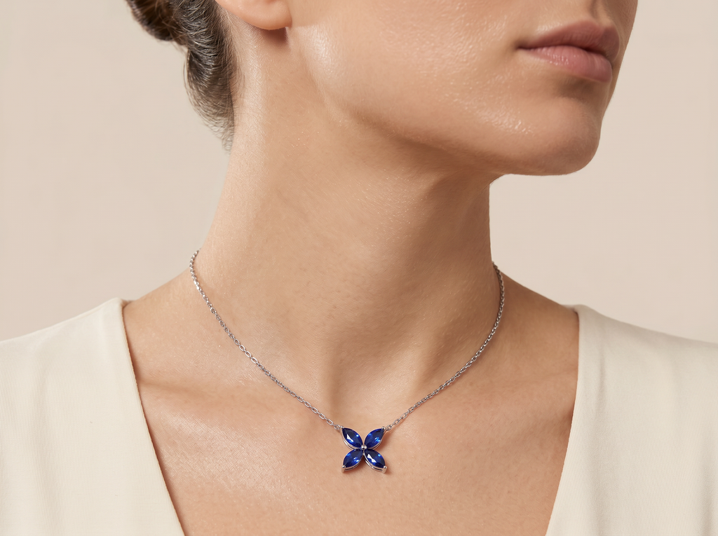Marquise Four‑Leaf Clover Gemstone Necklace, Yellow / Red / Blue / Pink Stones, 18K White Gold / 925 Sterling Silver Bespoke Fine Jewelry