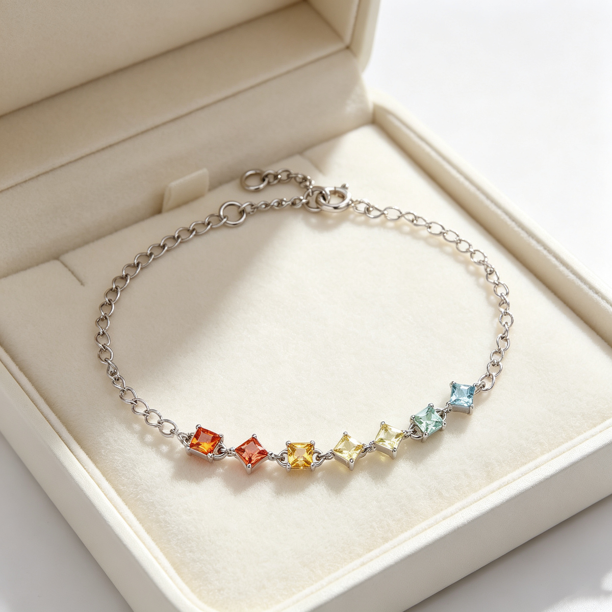 Rainbow Princess‑Cut 6‑Gemstone Silver Bracelet