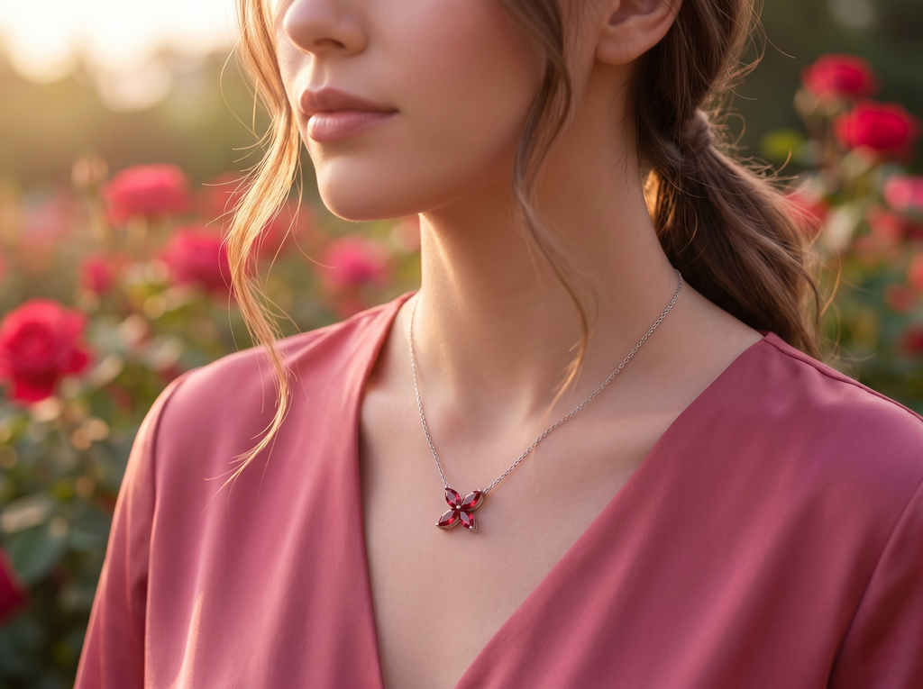 Marquise Four‑Leaf Clover Gemstone Necklace, Yellow / Red / Blue / Pink Stones, 18K White Gold / 925 Sterling Silver Bespoke Fine Jewelry