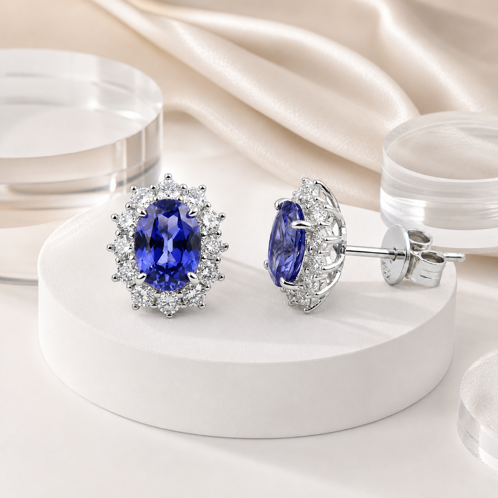 Oval Cut Colored Gemstone Halo Stud Earrings, Blue / Yellow / Red / Pink, S925 Sterling Silver Bespoke Fine Jewelry