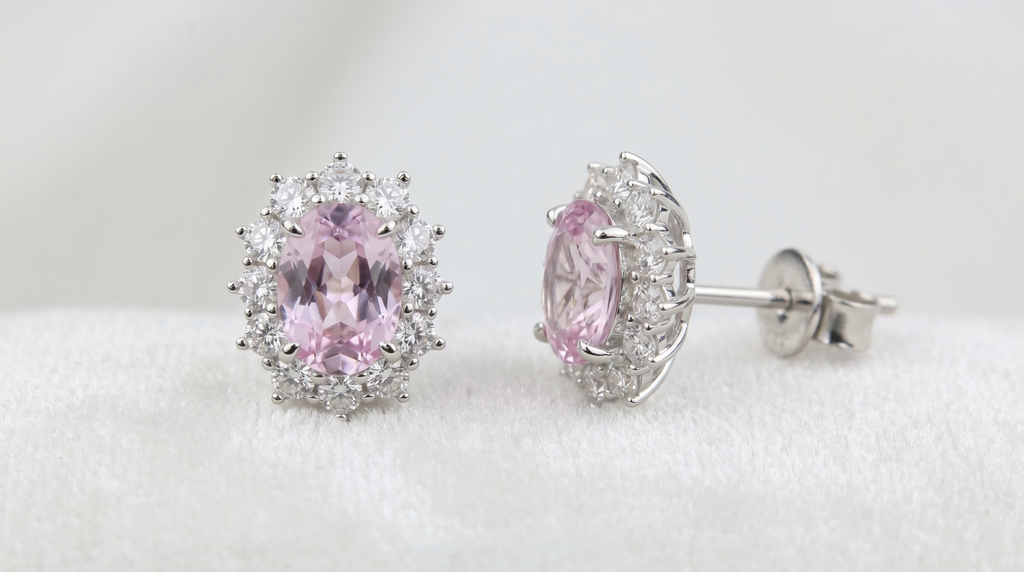 Oval Cut Colored Gemstone Halo Stud Earrings, Blue / Yellow / Red / Pink, S925 Sterling Silver Bespoke Fine Jewelry