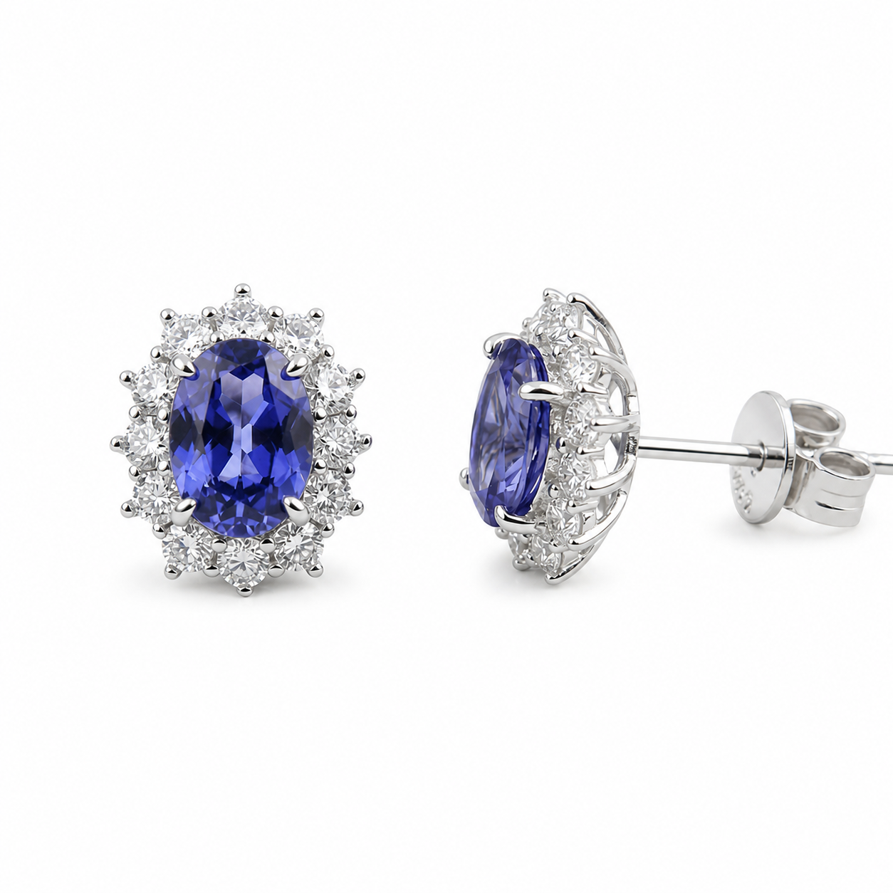 Oval Cut Colored Gemstone Halo Stud Earrings, Blue / Yellow / Red / Pink, S925 Sterling Silver Bespoke Fine Jewelry