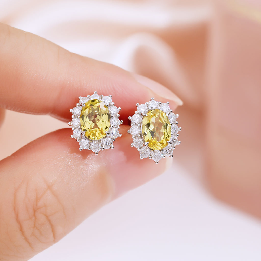 Oval Cut Colored Gemstone Halo Stud Earrings, Blue / Yellow / Red / Pink, S925 Sterling Silver Bespoke Fine Jewelry