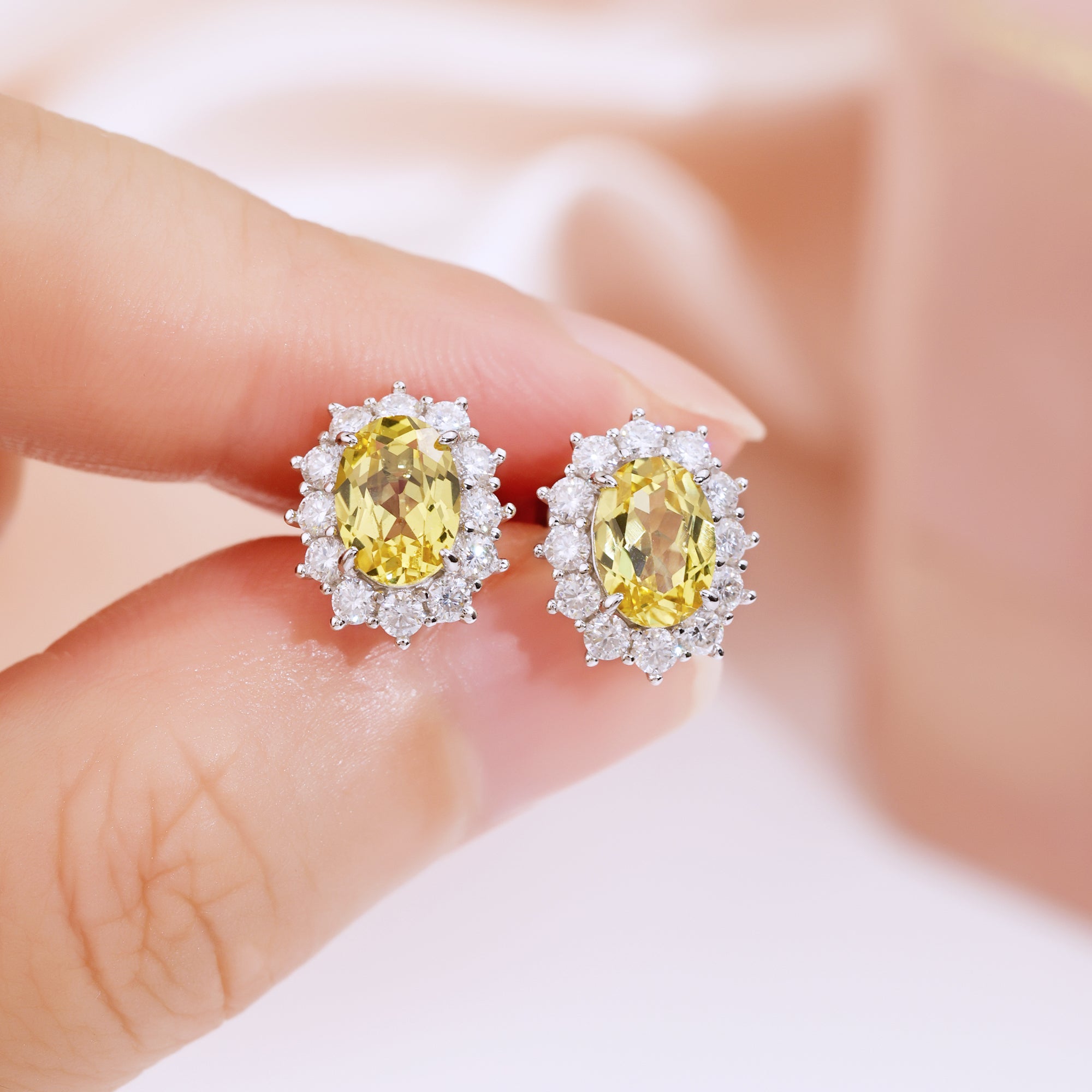 Oval Cut Colored Gemstone Halo Stud Earrings, Blue / Yellow / Red / Pink, S925 Sterling Silver Bespoke Fine Jewelry