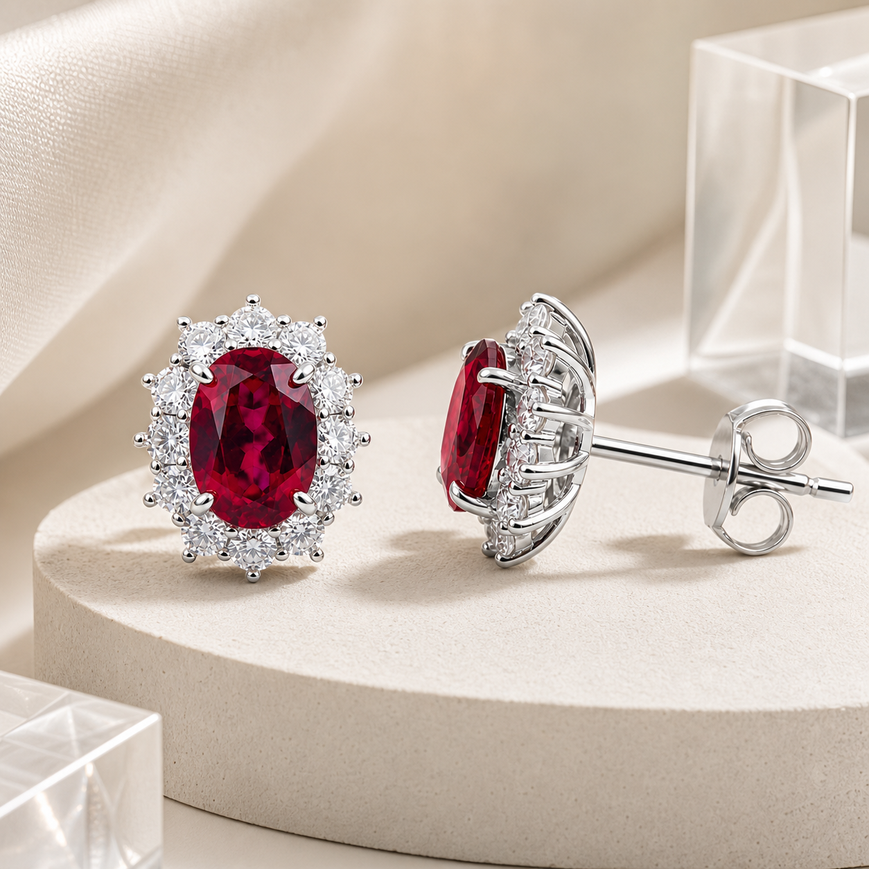 Oval Cut Colored Gemstone Halo Stud Earrings, Blue / Yellow / Red / Pink, S925 Sterling Silver Bespoke Fine Jewelry