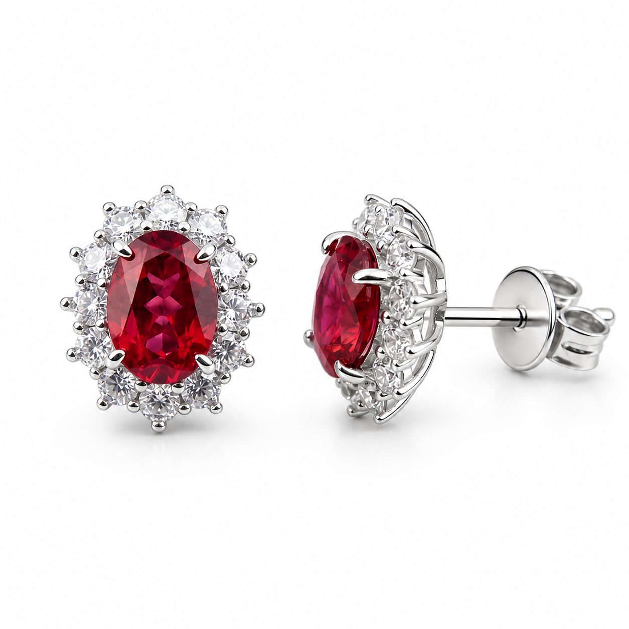 Oval Cut Colored Gemstone Halo Stud Earrings, Blue / Yellow / Red / Pink, S925 Sterling Silver Bespoke Fine Jewelry