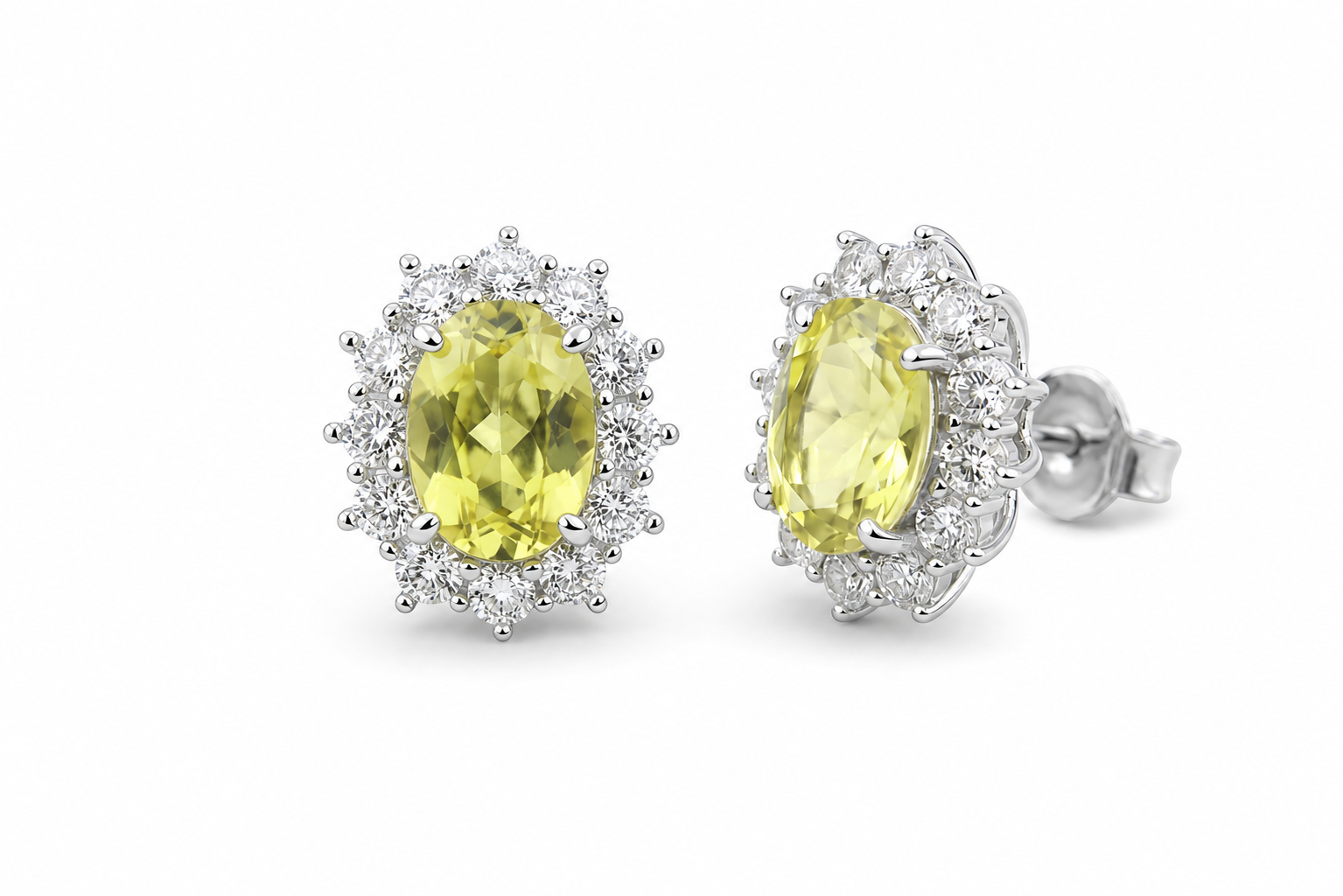 Oval Cut Colored Gemstone Halo Stud Earrings, Blue / Yellow / Red / Pink, S925 Sterling Silver Bespoke Fine Jewelry