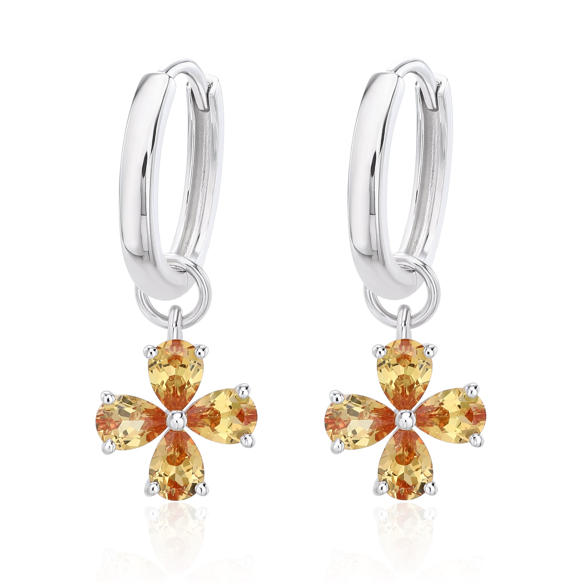 Pear‑Cut Four‑Leaf Clover Dangle Hoop Earrings, Blue/Yellow/Red/Pink/Purple, S925 Sterling Silver Bespoke Fine Jewelry