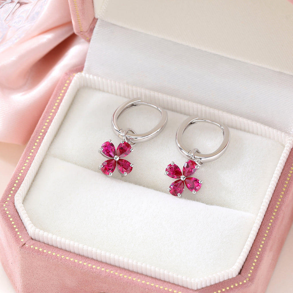 Pear‑Cut Four‑Leaf Clover Dangle Hoop Earrings, Blue/Yellow/Red/Pink/Purple, S925 Sterling Silver Bespoke Fine Jewelry