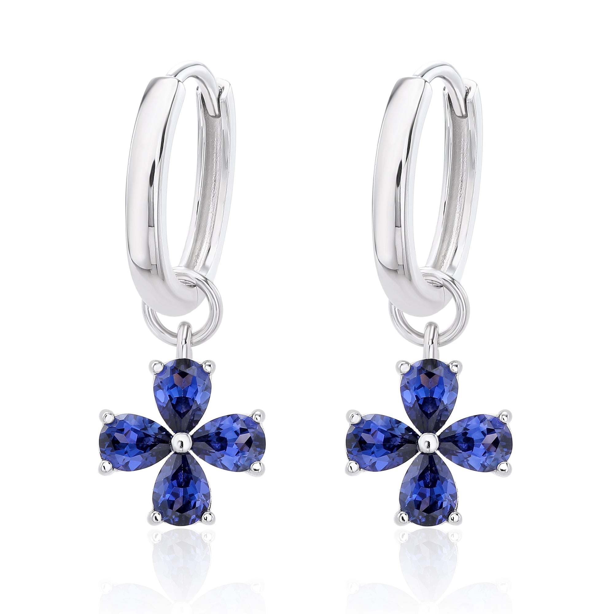 Pear‑Cut Four‑Leaf Clover Dangle Hoop Earrings, Blue/Yellow/Red/Pink/Purple, S925 Sterling Silver Bespoke Fine Jewelry
