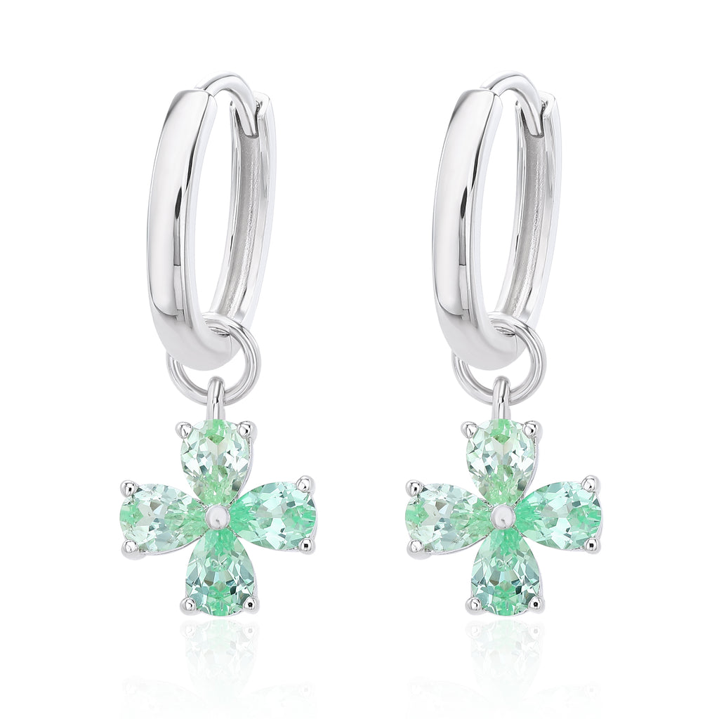 Pear‑Cut Four‑Leaf Clover Dangle Hoop Earrings, Blue/Yellow/Red/Pink/Purple, S925 Sterling Silver Bespoke Fine Jewelry
