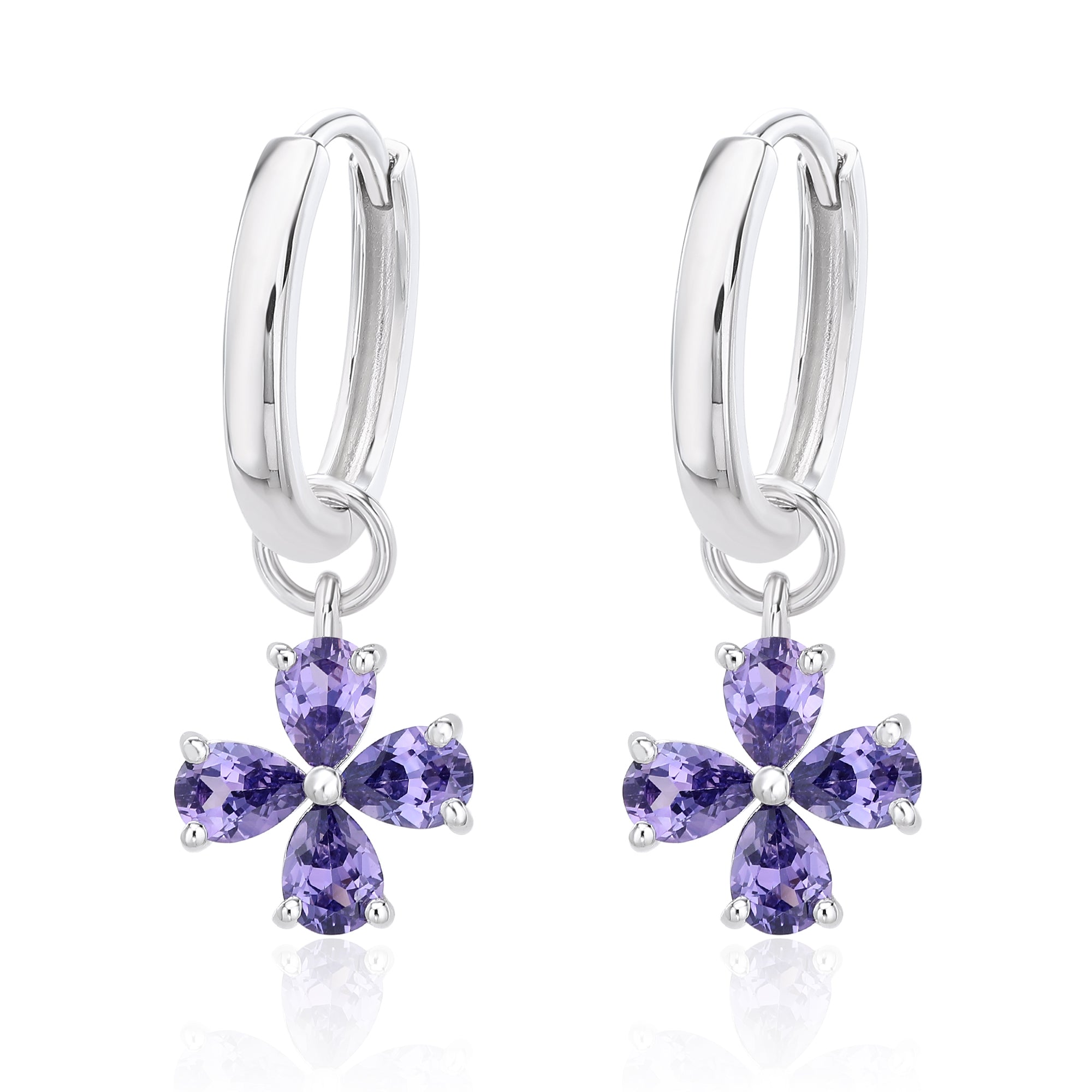 Pear‑Cut Four‑Leaf Clover Dangle Hoop Earrings, Blue/Yellow/Red/Pink/Purple, S925 Sterling Silver Bespoke Fine Jewelry