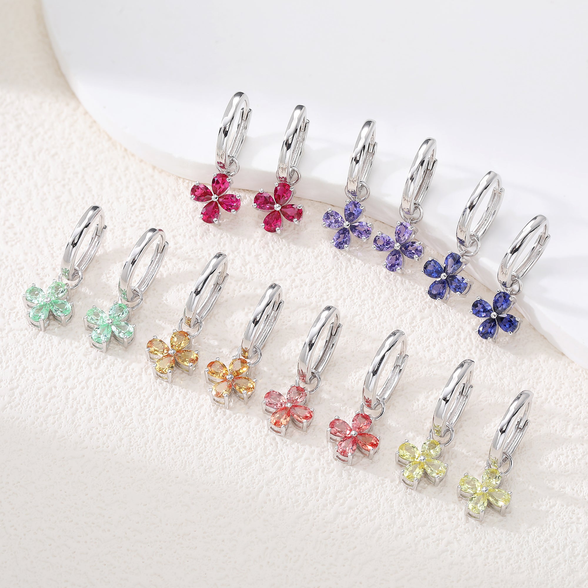 Pear‑Cut Four‑Leaf Clover Dangle Hoop Earrings, Blue/Yellow/Red/Pink/Purple, S925 Sterling Silver Bespoke Fine Jewelry