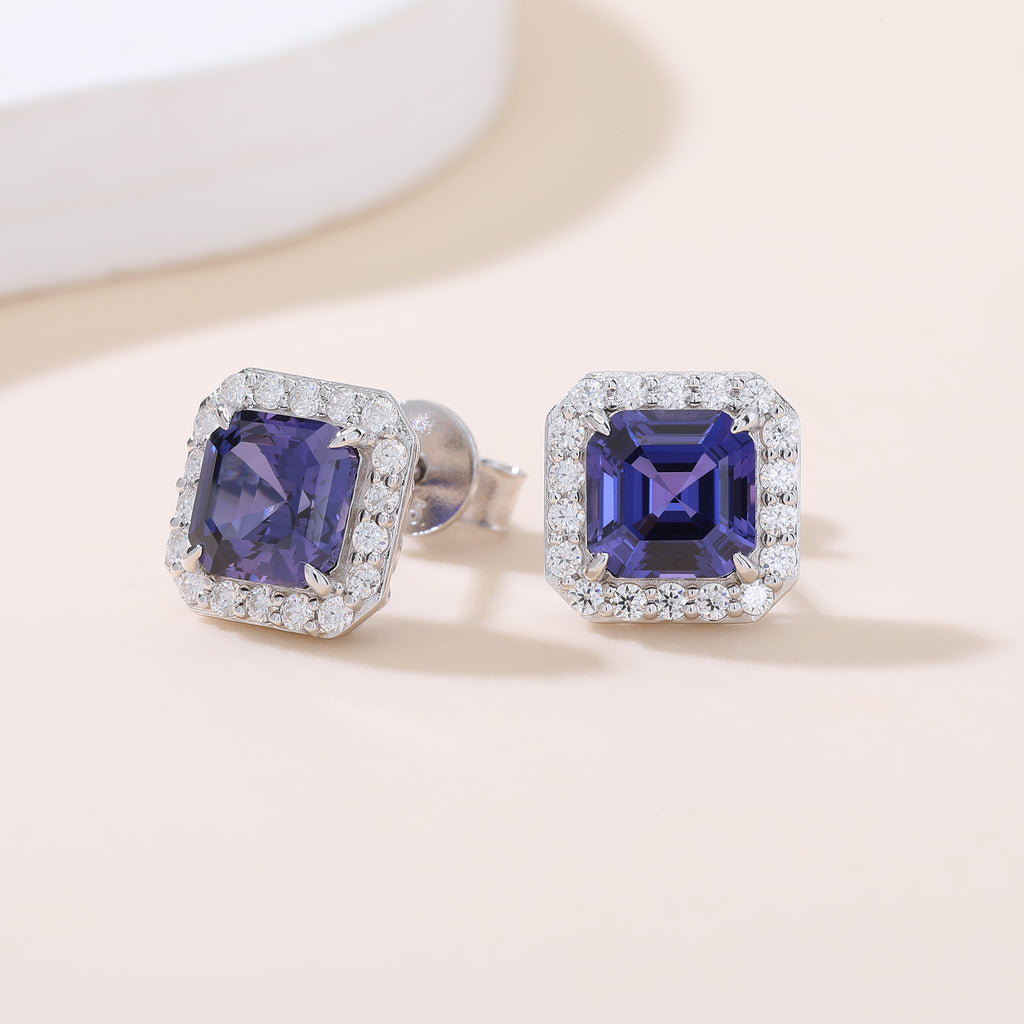 Square‑Cut Halo Stud Earrings