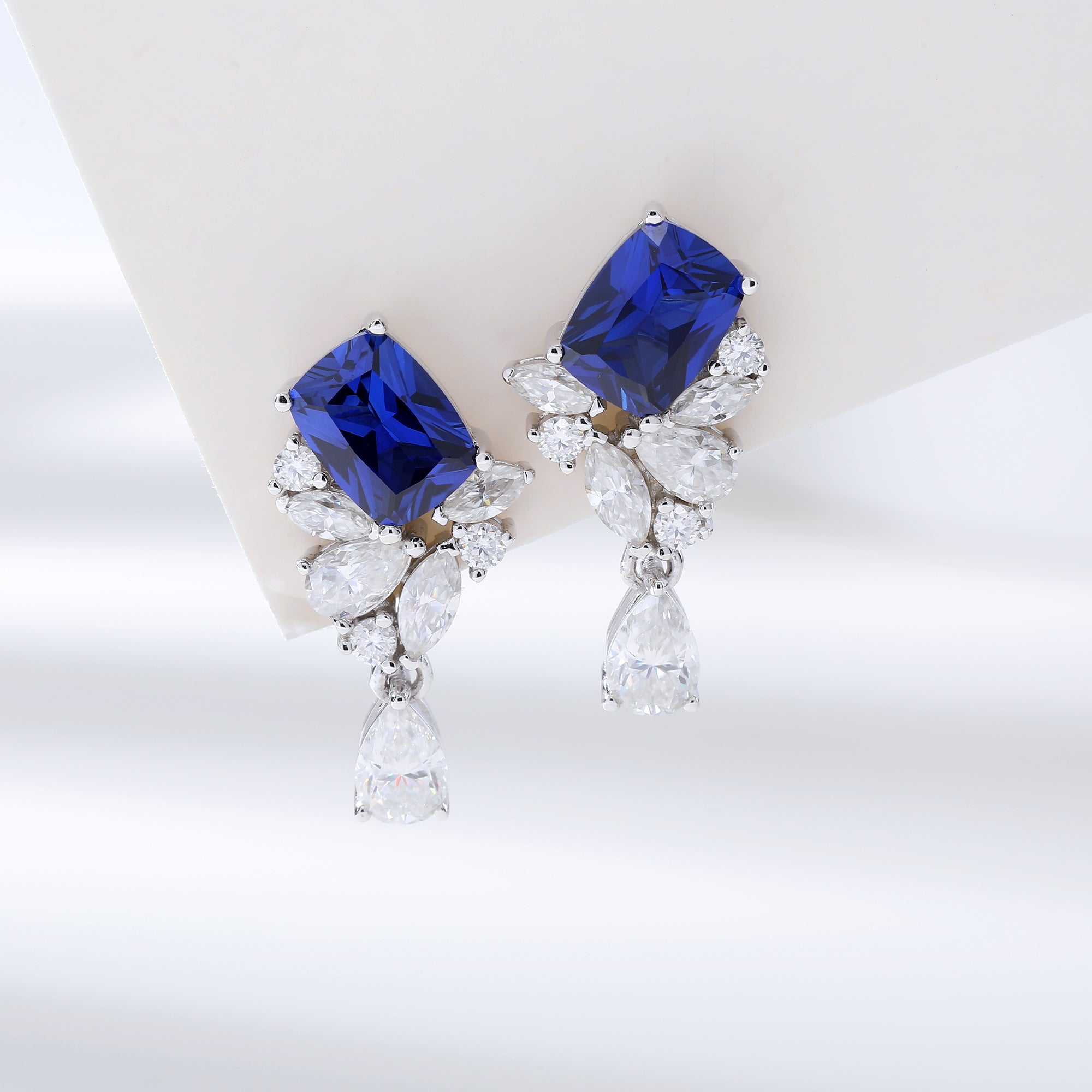 Pear‑Shaped Colored Gemstone Cluster Drop Earrings, Blue / Yellow / Green / Purple, S925 Sterling Silver Bespoke Fine Jewelry