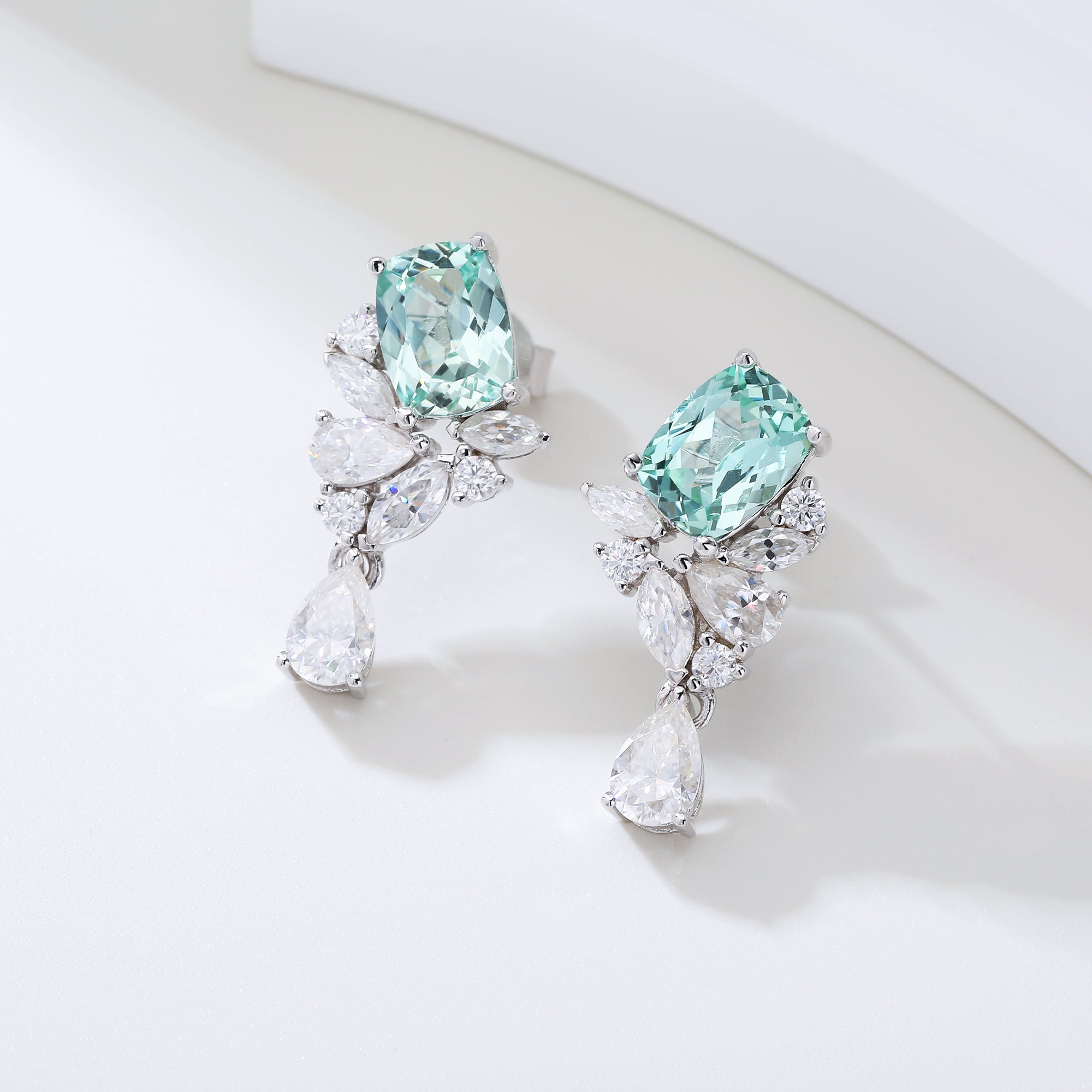 Pear‑Shaped Colored Gemstone Cluster Drop Earrings, Blue / Yellow / Green / Purple, S925 Sterling Silver Bespoke Fine Jewelry