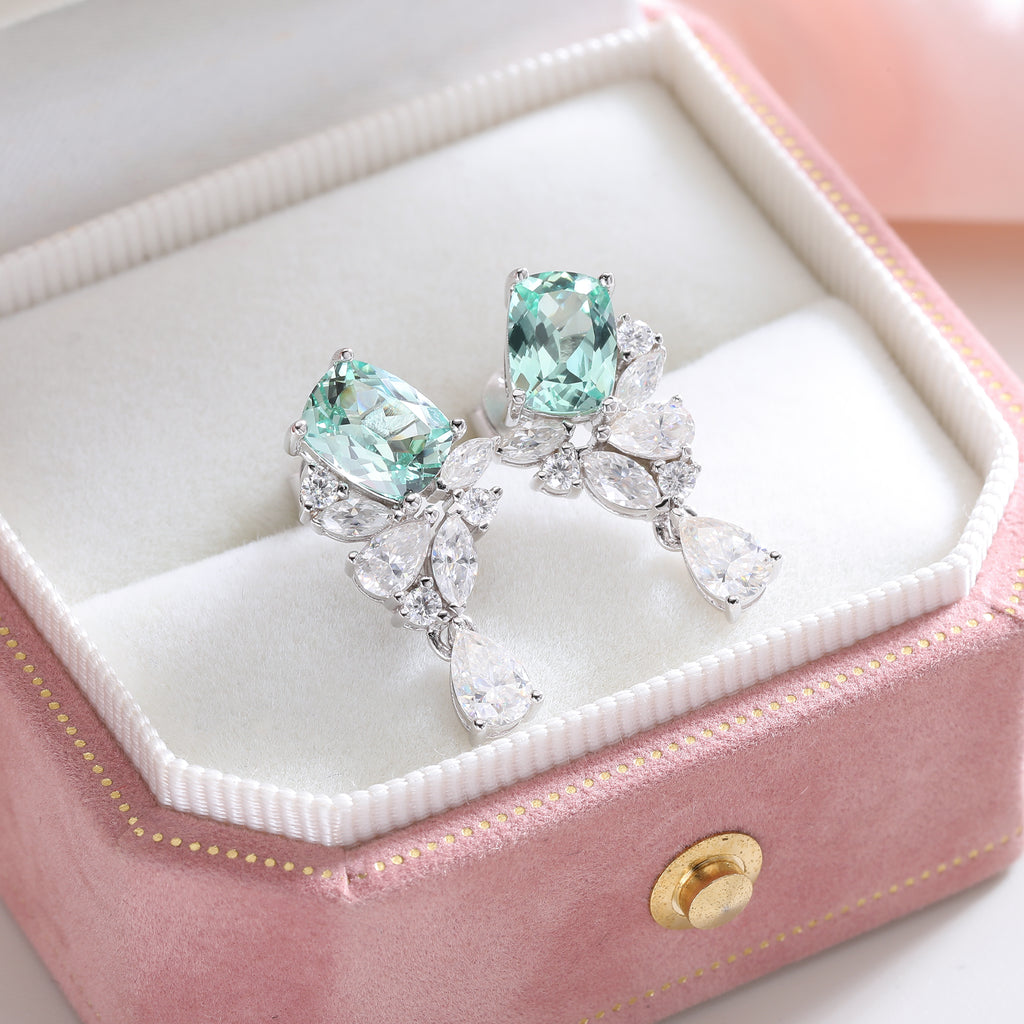 Pear‑Shaped Colored Gemstone Cluster Drop Earrings, Blue / Yellow / Green / Purple, S925 Sterling Silver Bespoke Fine Jewelry