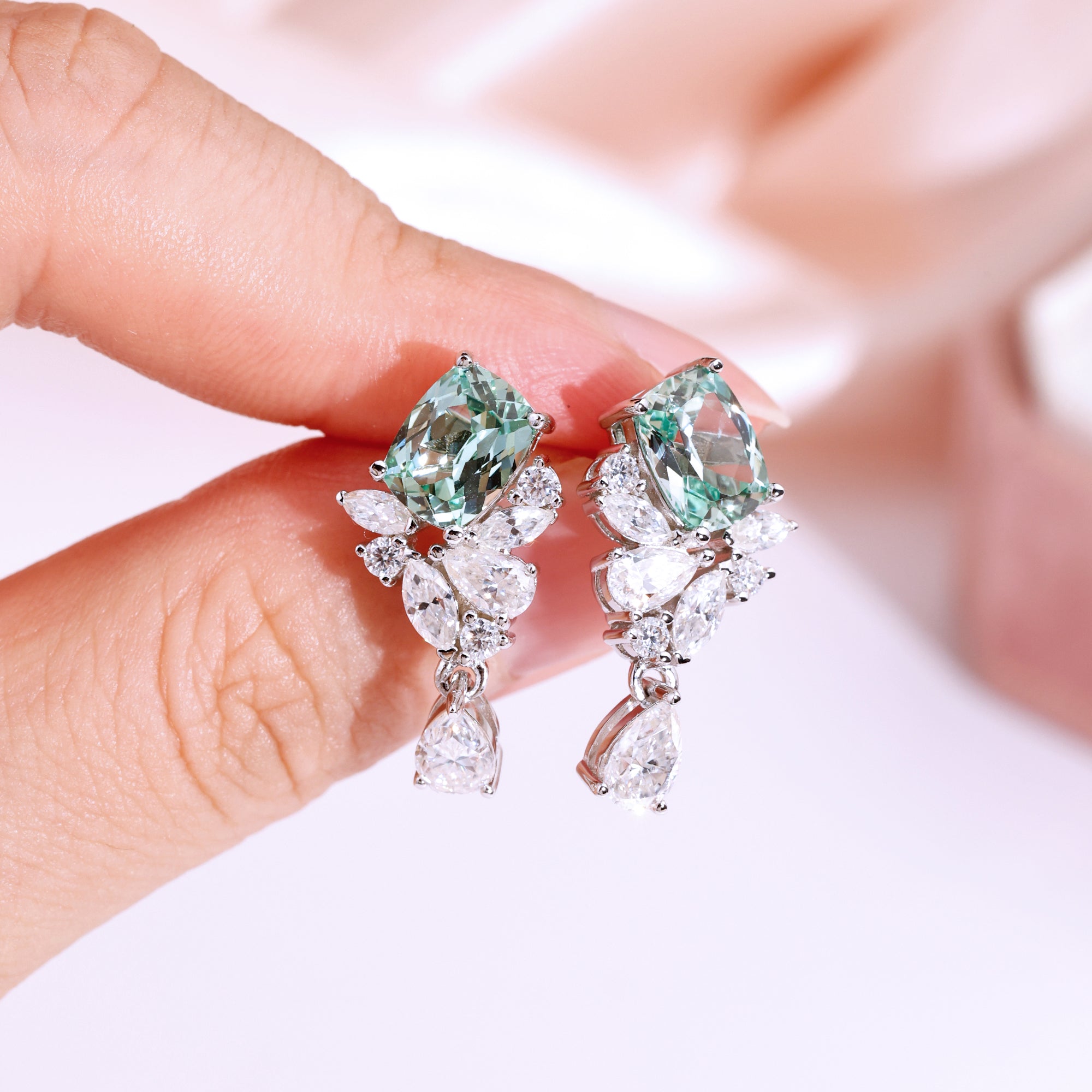 Pear‑Shaped Colored Gemstone Cluster Drop Earrings, Blue / Yellow / Green / Purple, S925 Sterling Silver Bespoke Fine Jewelry