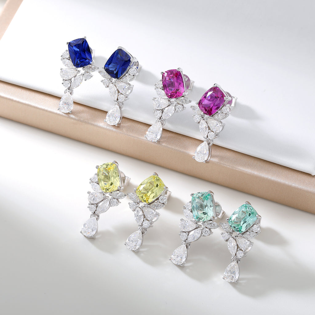 Pear‑Shaped Colored Gemstone Cluster Drop Earrings, Blue / Yellow / Green / Purple, S925 Sterling Silver Bespoke Fine Jewelry