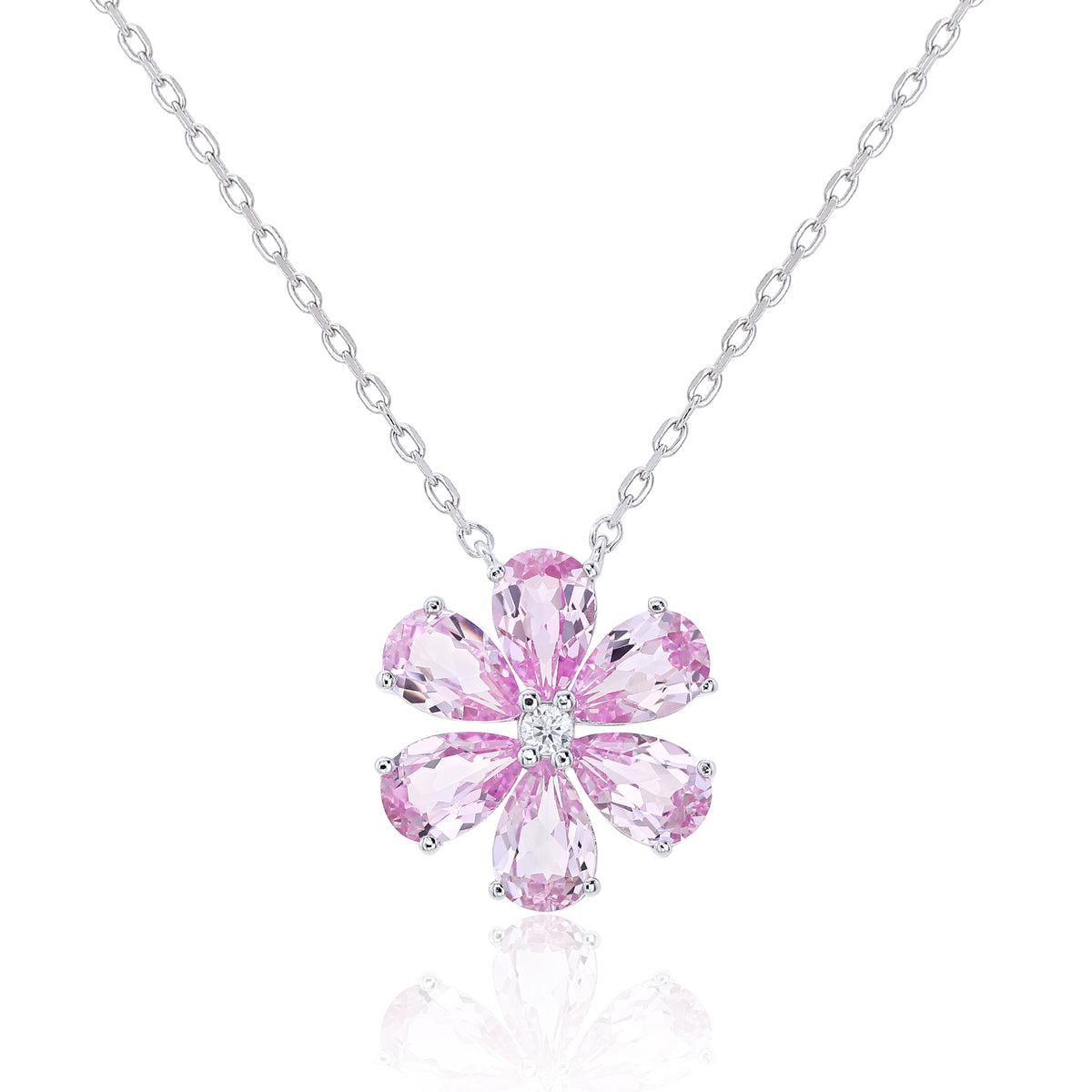 Six‑Petal Flower Gemstone Silver Necklace