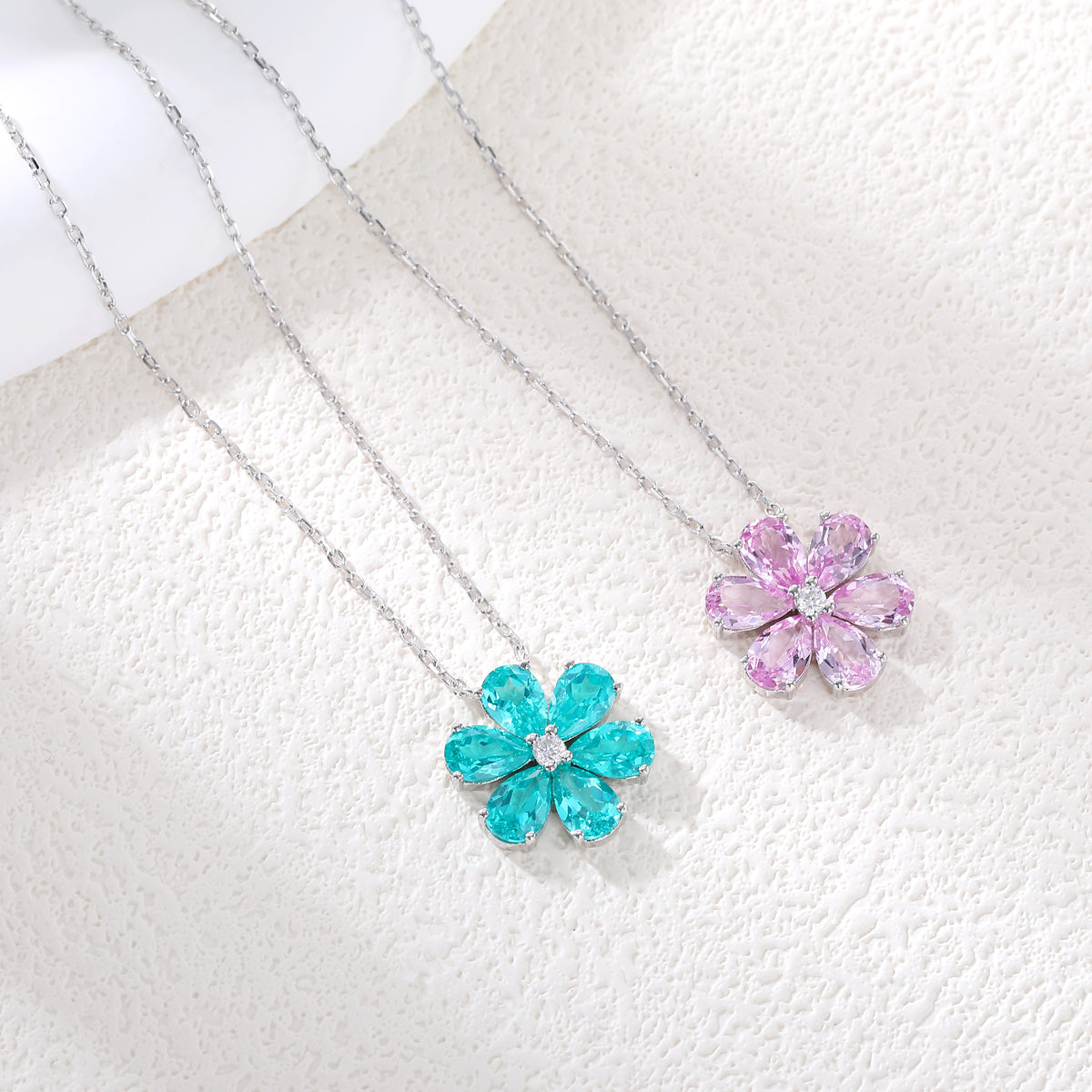 Six‑Petal Flower Gemstone Silver Necklace