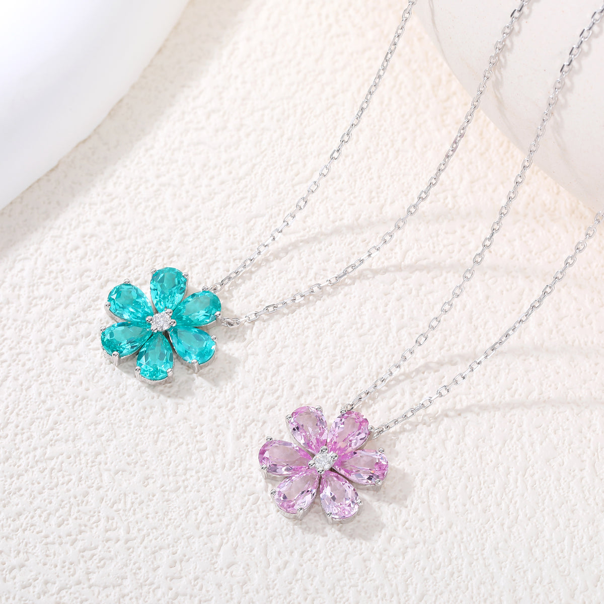 Six‑Petal Flower Gemstone Silver Necklace