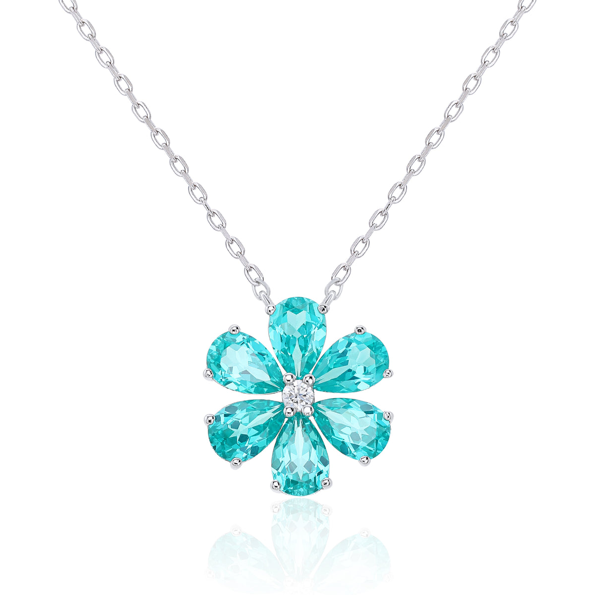 Six‑Petal Flower Gemstone Silver Necklace