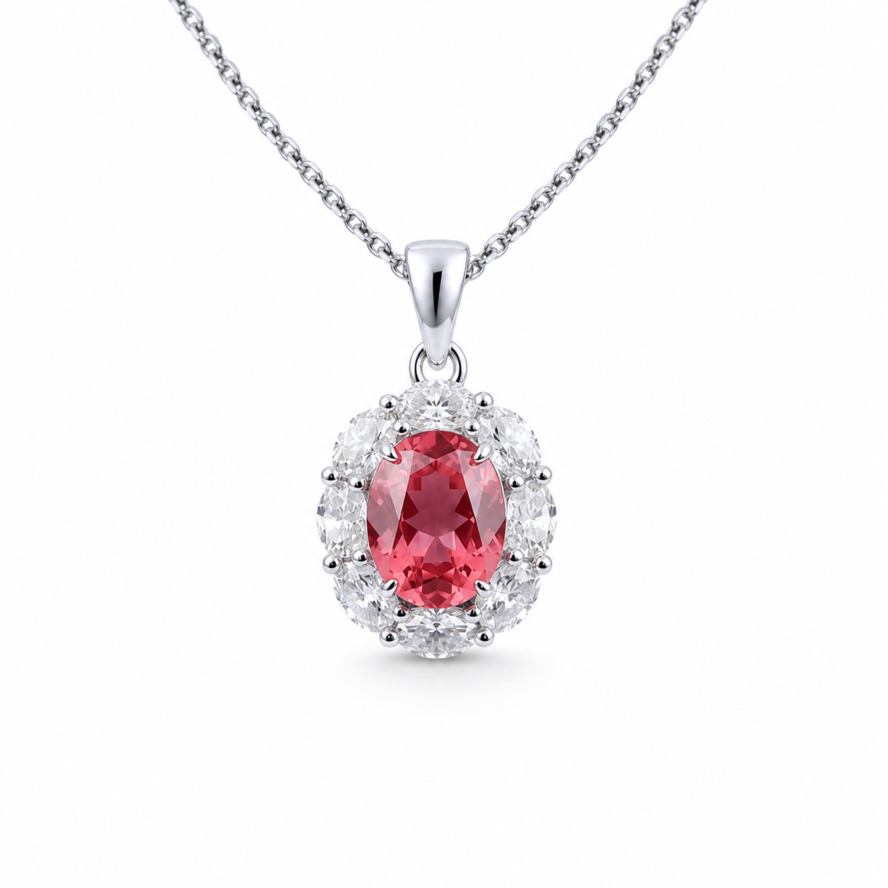 Oval Cut Colored Gemstone Halo Pendant Necklace, Red / Blue / Pink / Green Center Stone, 18K White Gold / 925 Sterling Silver Bespoke Fine Jewelry