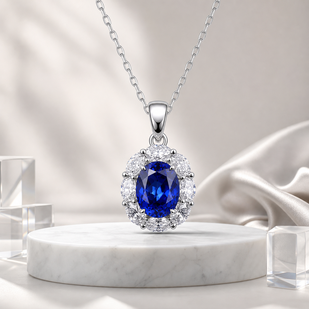 Oval Cut Colored Gemstone Halo Pendant Necklace, Red / Blue / Pink / Green Center Stone, 18K White Gold / 925 Sterling Silver Bespoke Fine Jewelry