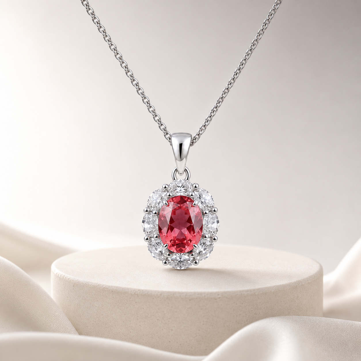 Oval Cut Colored Gemstone Halo Pendant Necklace, Red / Blue / Pink / Green Center Stone, 18K White Gold / 925 Sterling Silver Bespoke Fine Jewelry