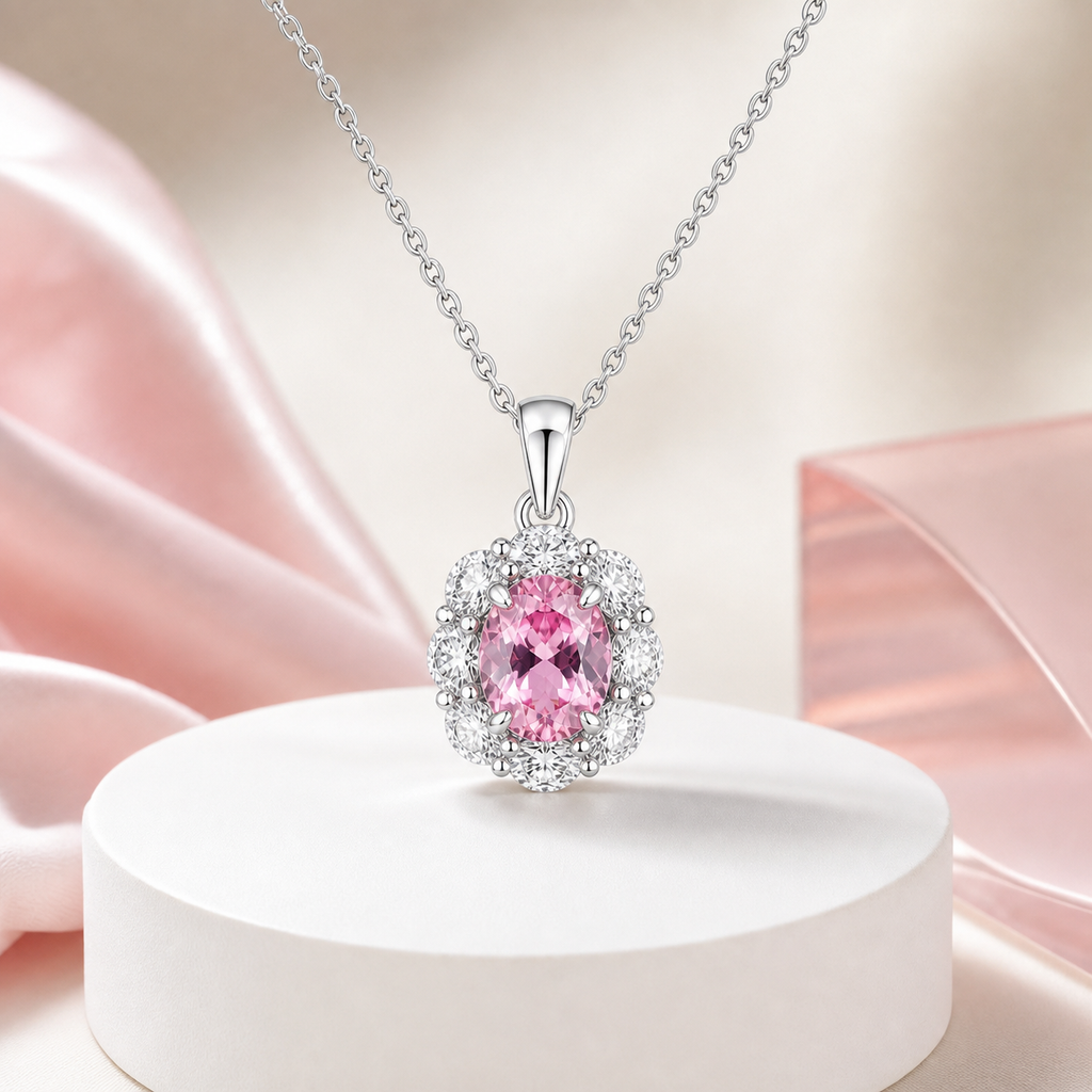 Oval Cut Colored Gemstone Halo Pendant Necklace, Red / Blue / Pink / Green Center Stone, 18K White Gold / 925 Sterling Silver Bespoke Fine Jewelry