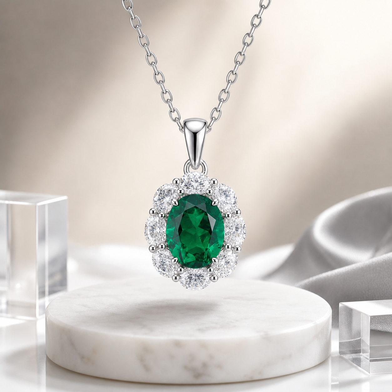 Oval Cut Colored Gemstone Halo Pendant Necklace, Red / Blue / Pink / Green Center Stone, 18K White Gold / 925 Sterling Silver Bespoke Fine Jewelry