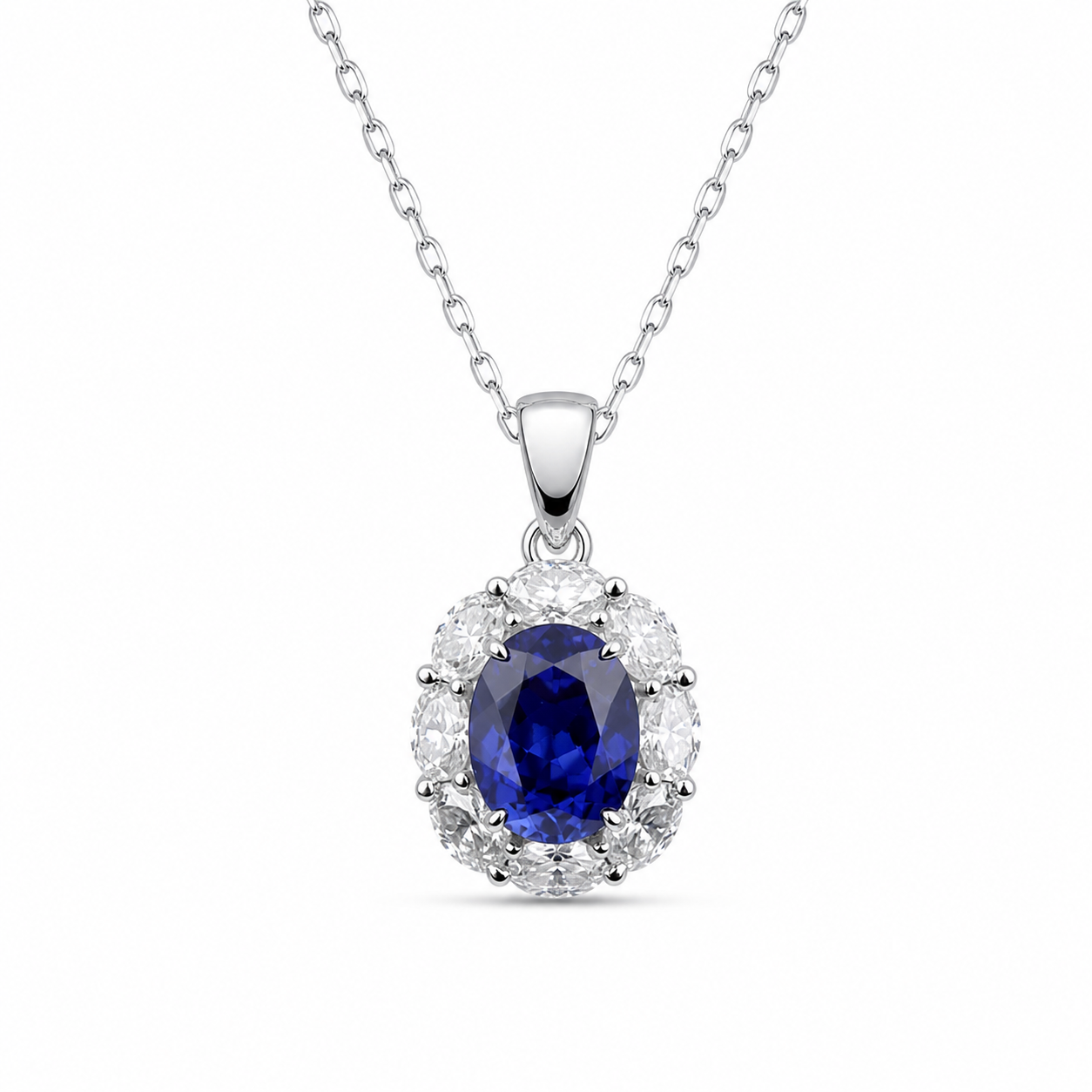 Oval Cut Colored Gemstone Halo Pendant Necklace, Red / Blue / Pink / Green Center Stone, 18K White Gold / 925 Sterling Silver Bespoke Fine Jewelry