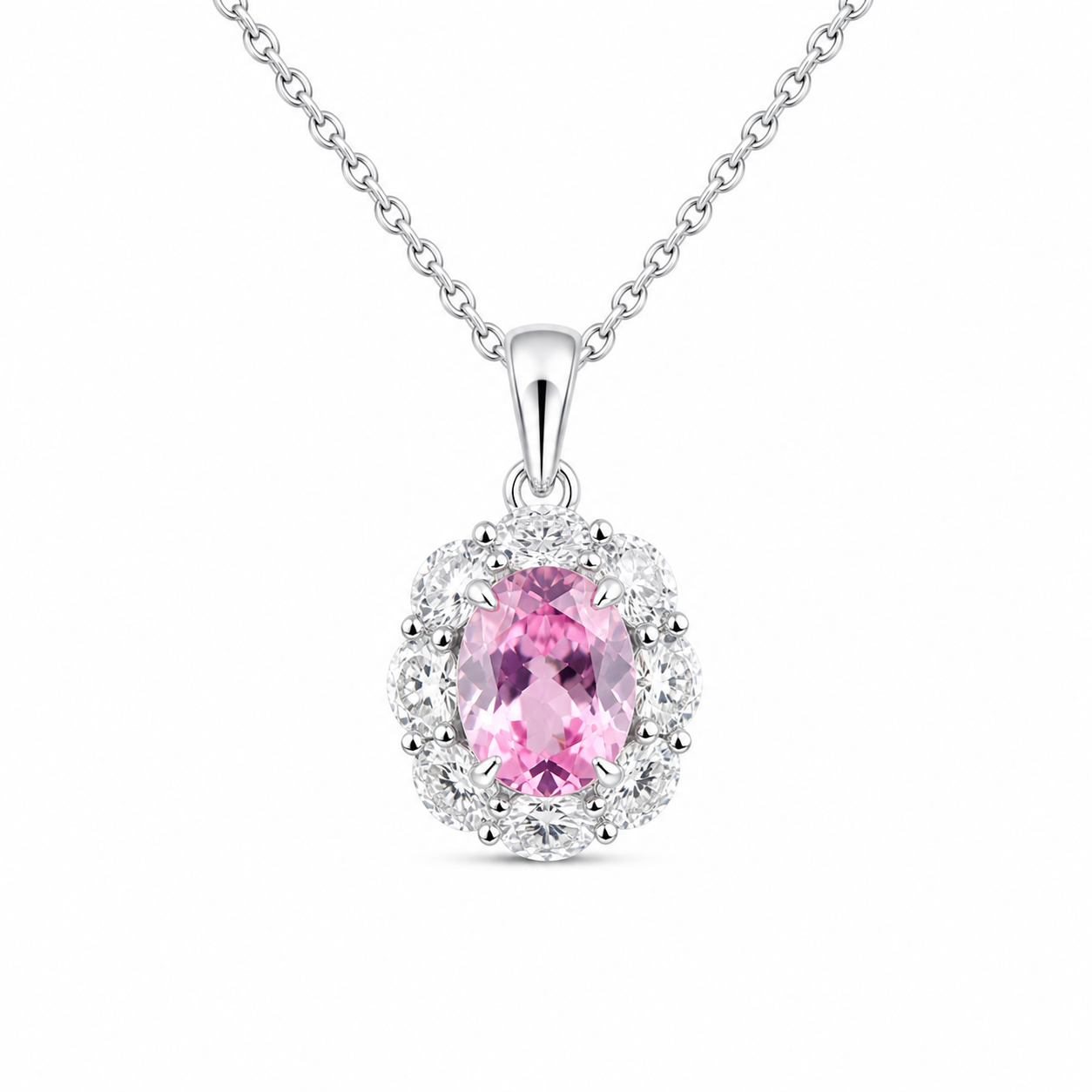 Oval Cut Colored Gemstone Halo Pendant Necklace, Red / Blue / Pink / Green Center Stone, 18K White Gold / 925 Sterling Silver Bespoke Fine Jewelry