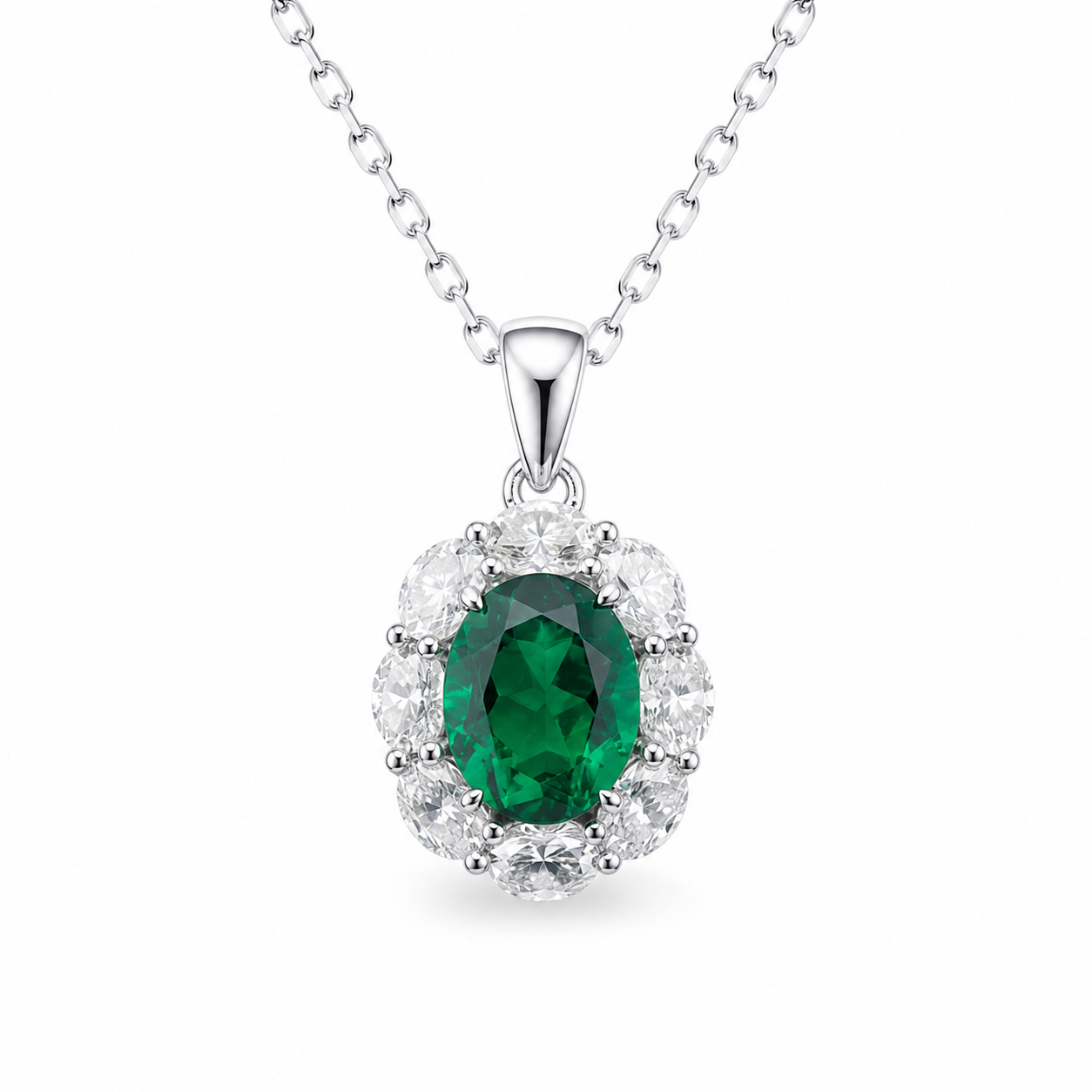 Oval Cut Colored Gemstone Halo Pendant Necklace, Red / Blue / Pink / Green Center Stone, 18K White Gold / 925 Sterling Silver Bespoke Fine Jewelry