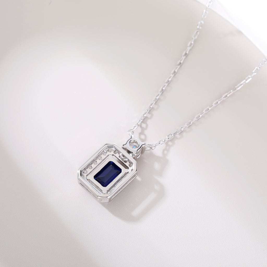 Emerald‑Cut Rectangle Halo Pendant Necklace