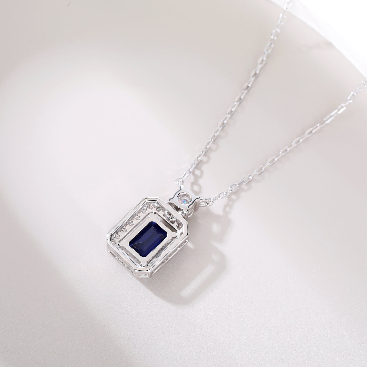 Emerald‑Cut Rectangle Halo Pendant Necklace