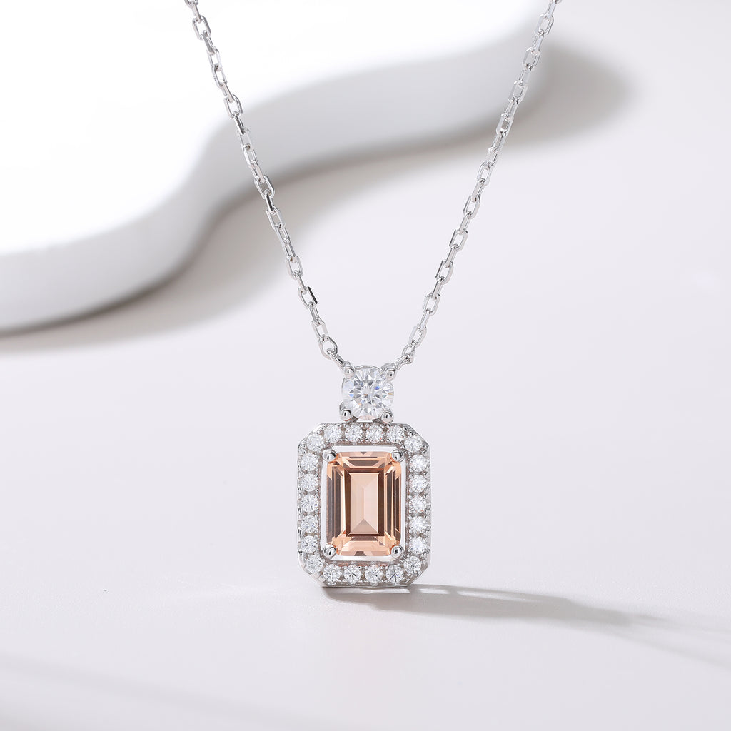 Emerald‑Cut Rectangle Halo Pendant Necklace