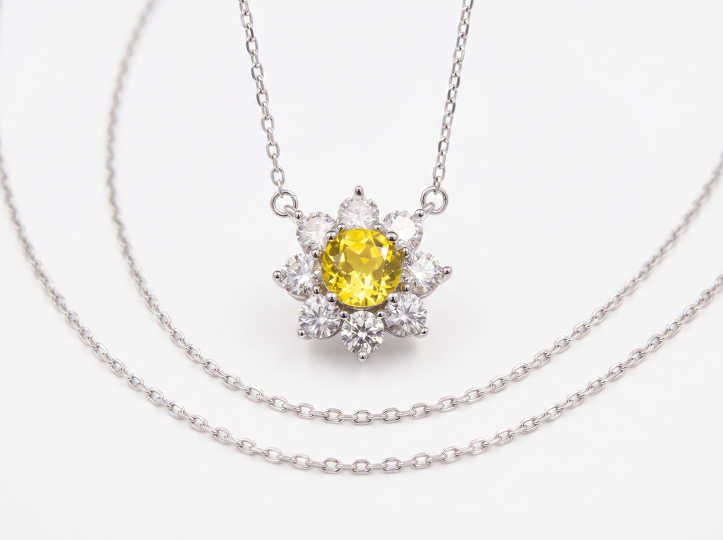 Flower Sunflower Round Gemstone Pendant Necklace, Red / Yellow / Purple Center Stone, 18K White Gold /925 Sterling Silver Bespoke Fine Jewelry